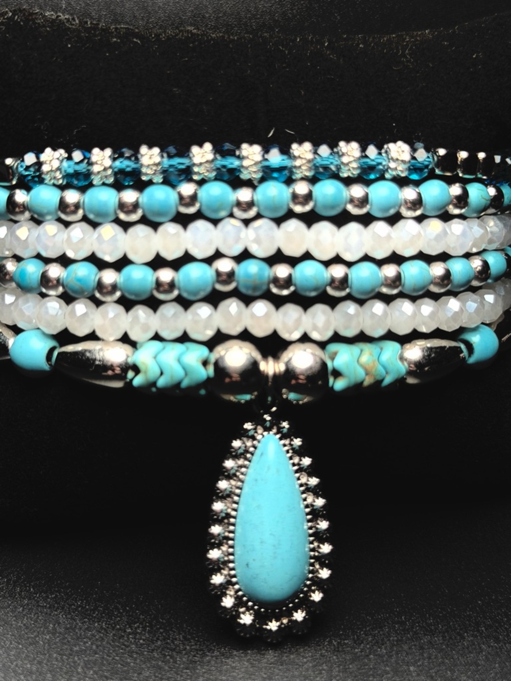 Turquoise/Glass Beaded Multi-Strand Stack Bracelets w/Teardrop Turquoise Pendant